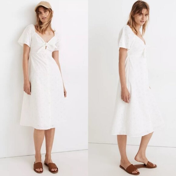 Madewell White Cotton Eyelet Embroidery Tie Front Keyhole A-line Midi Dress 2 - Picture 15 of 15